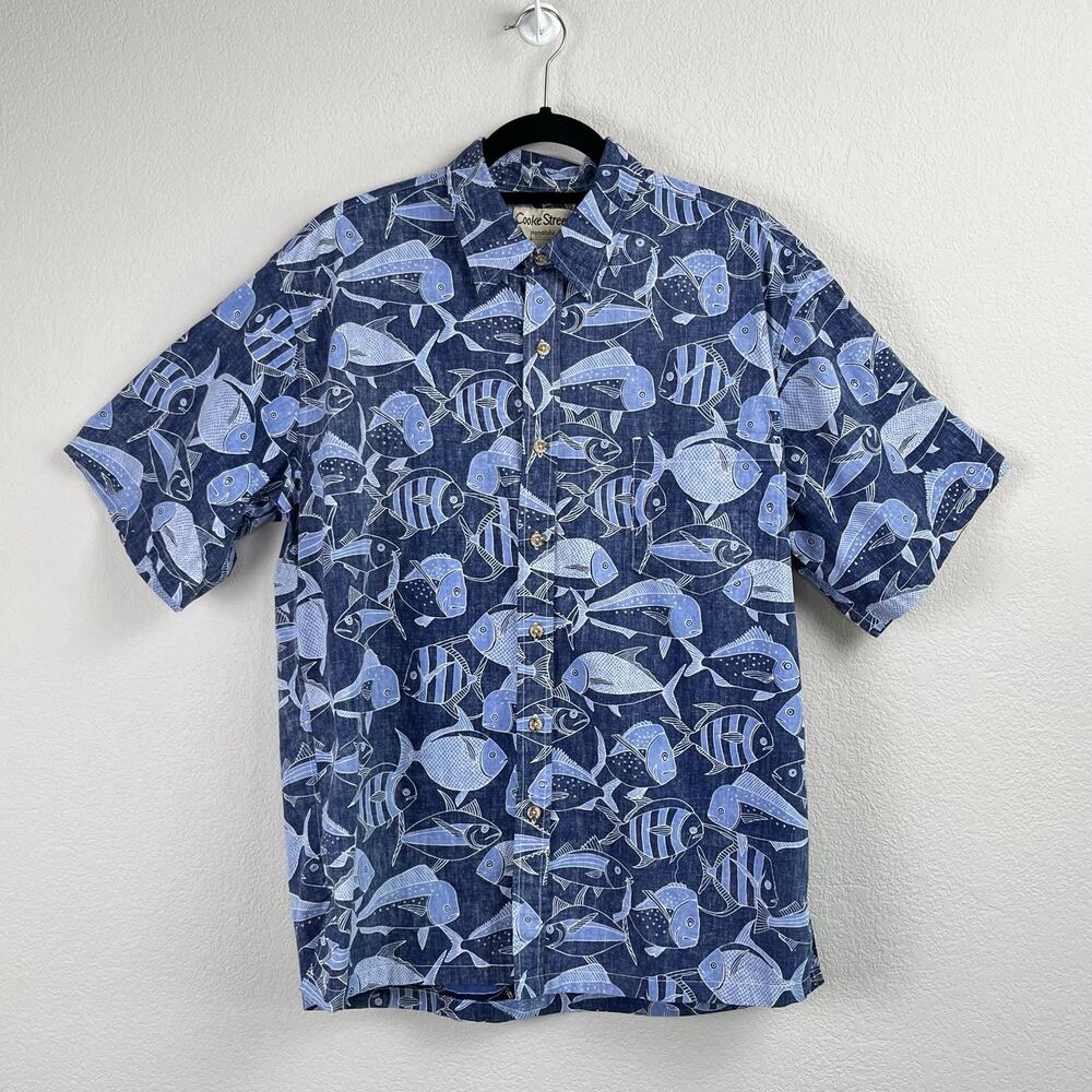 Vintage Y2K Cooke Street Blue Fish Print Short Sleeve Button Up Casual Shirt L